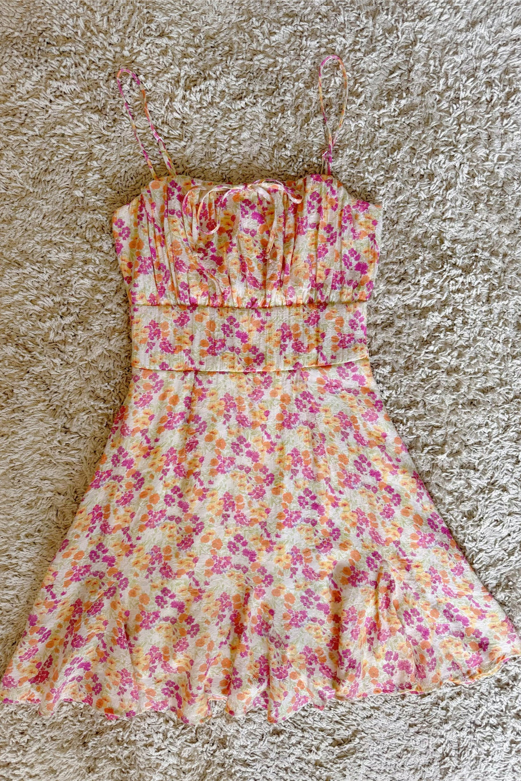 floral bow lace-up pleated camisole dress