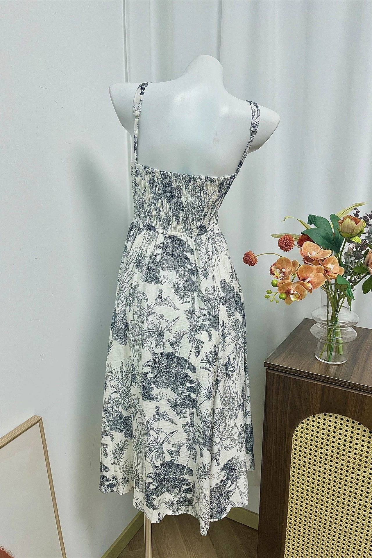 two-tone forest print square neck slip dress