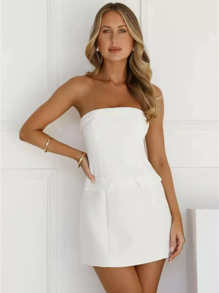 white sleeveless bandeau cinquet mini dress