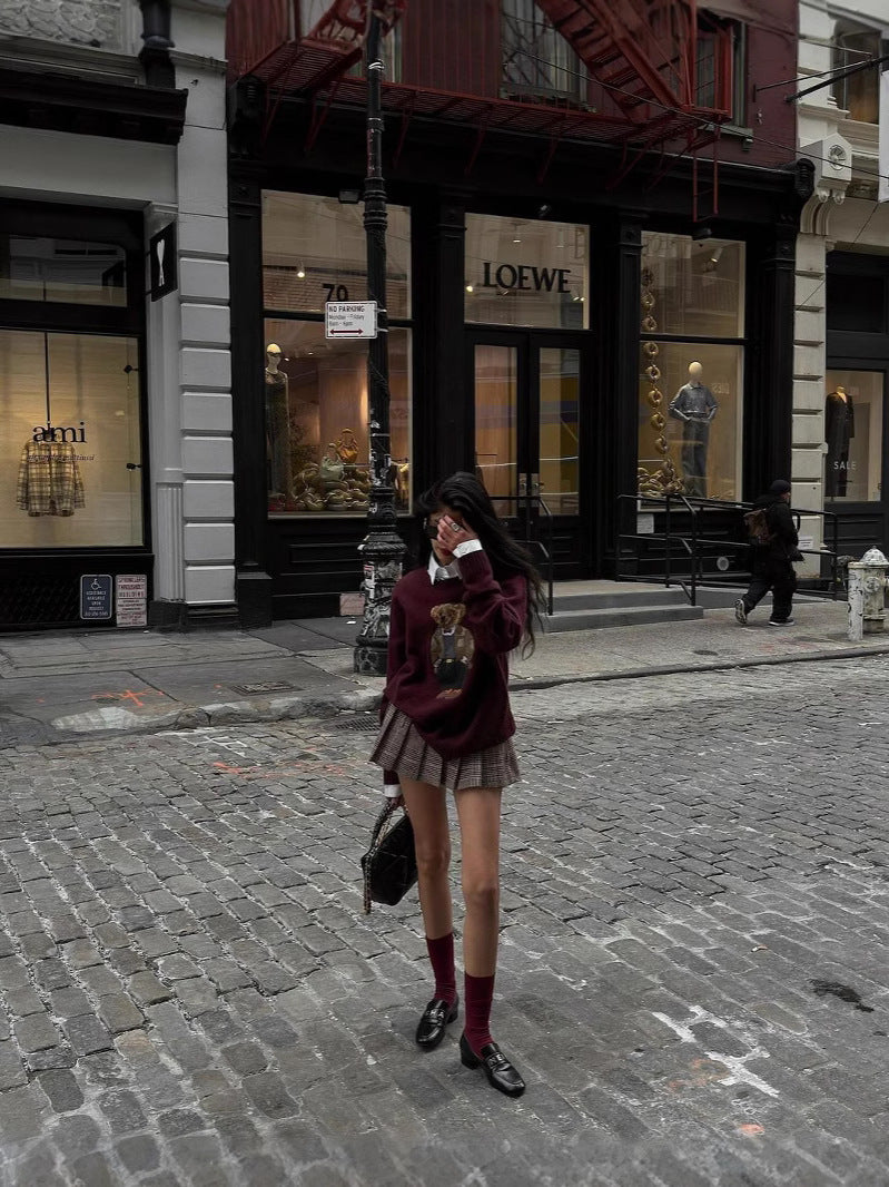 Burgundy retro bear embroidery loose pullover sweater