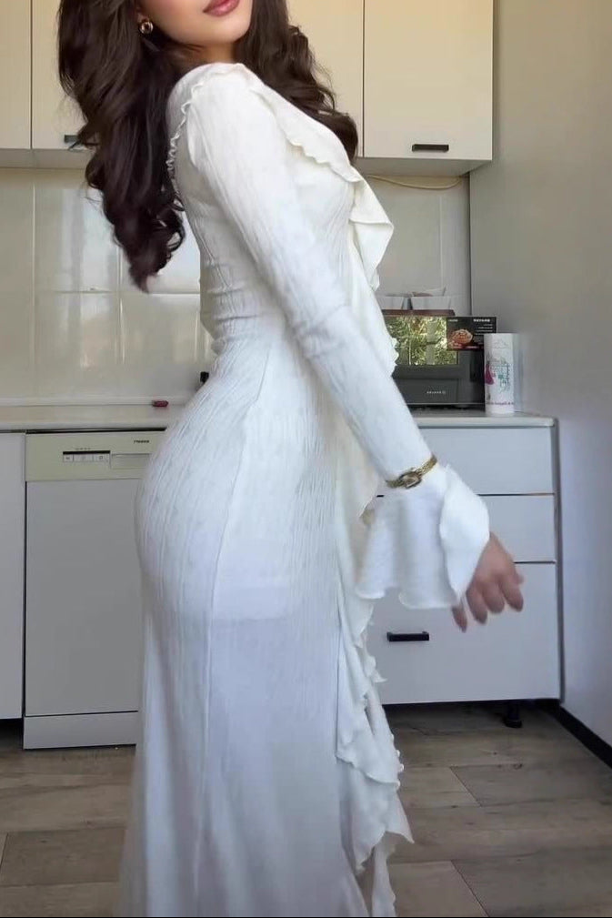 queena white long-sleeved maxi dress