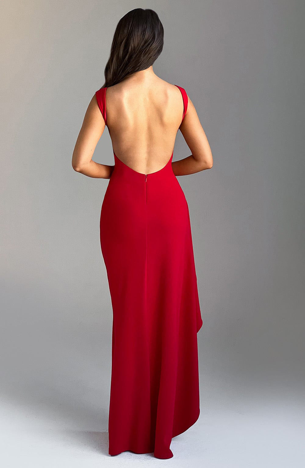 red Round neck high slit backless dress