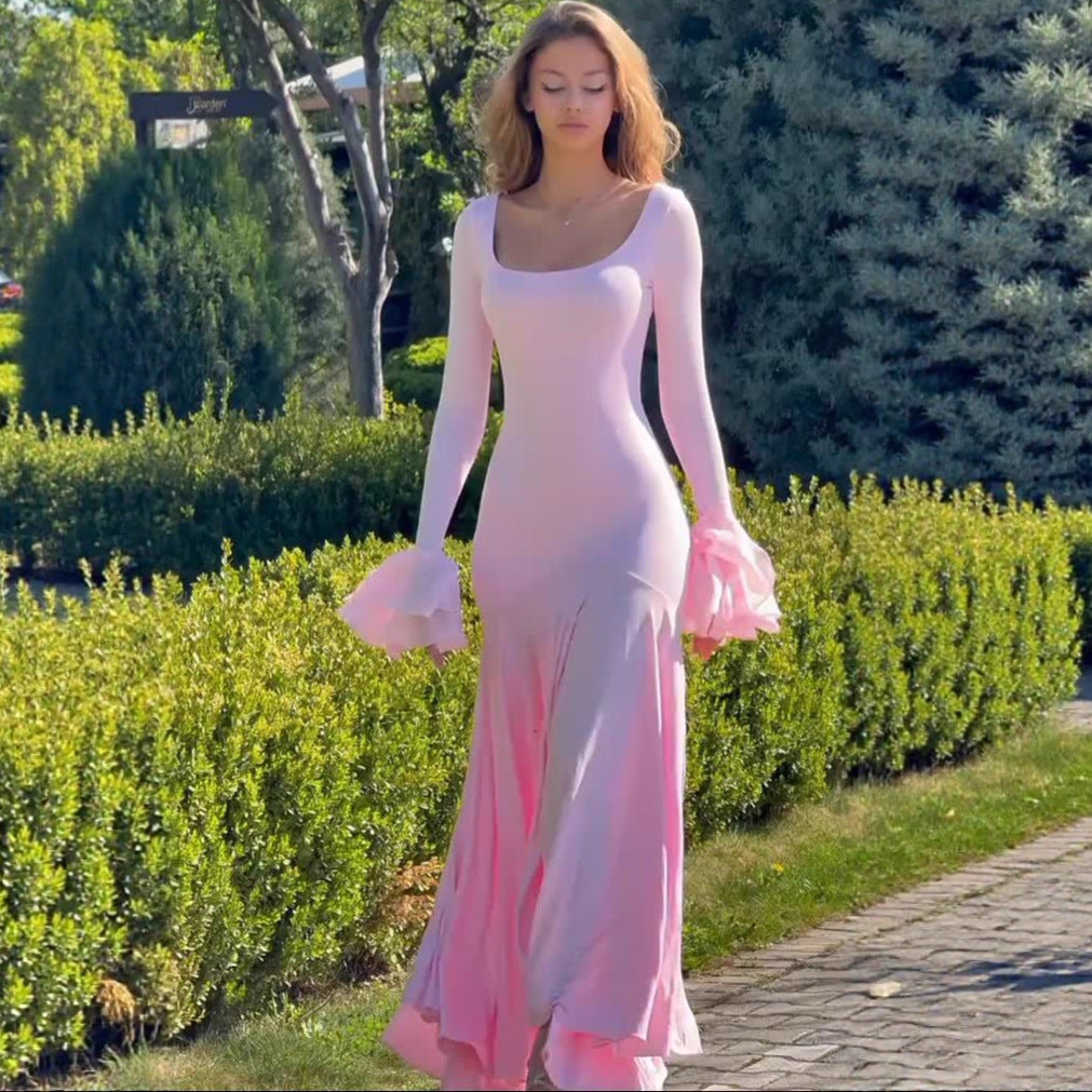 pink splicing irregular flared sleeve dress