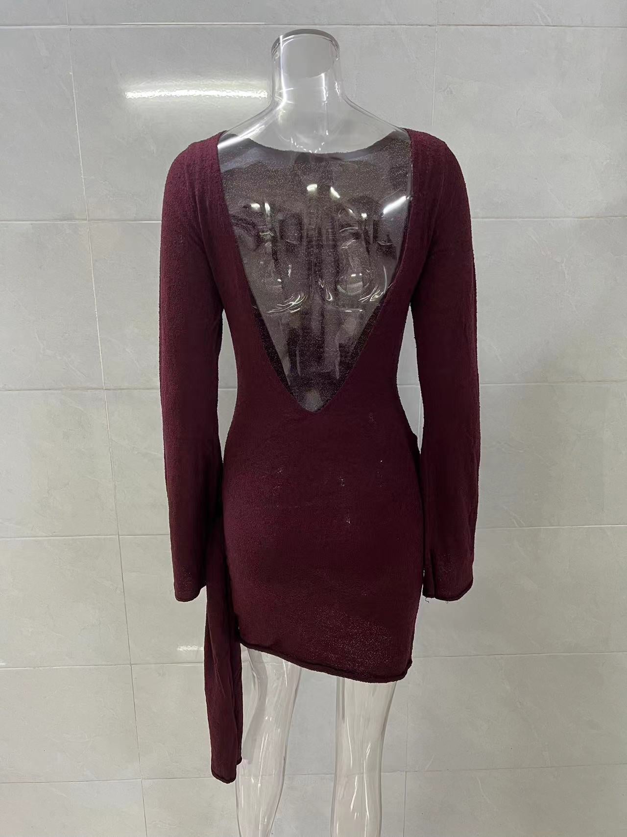 brown backless long sleeve knitted mini dress