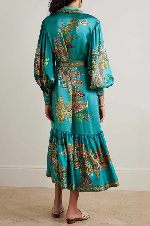 Collared lantern sleeve long-sleeved printed dress