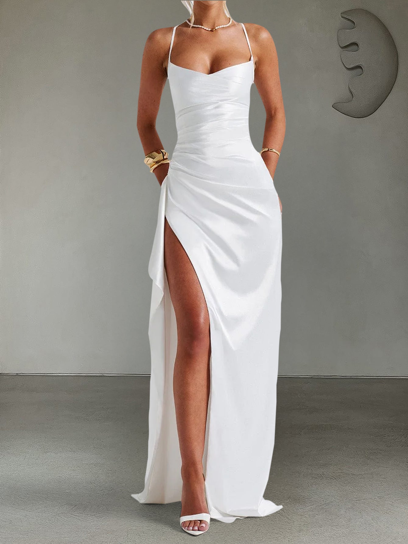 white suspender wrap maxi dress