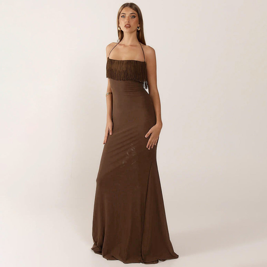 Tassel stitching halterneck backless high waist dress