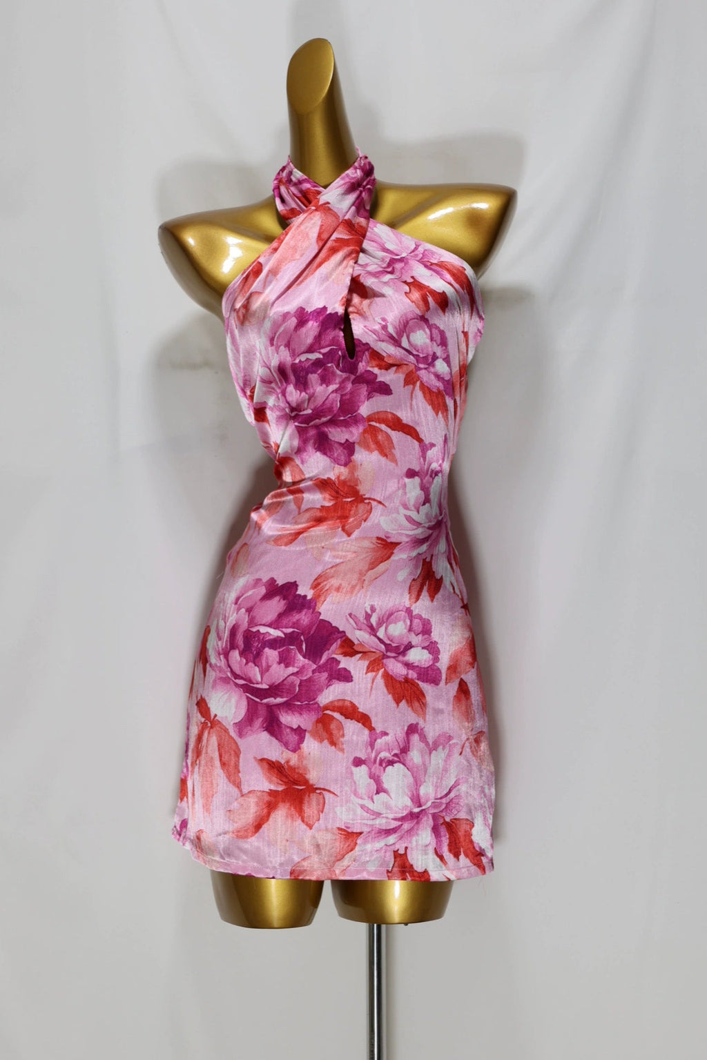 pink satin flower mini dress