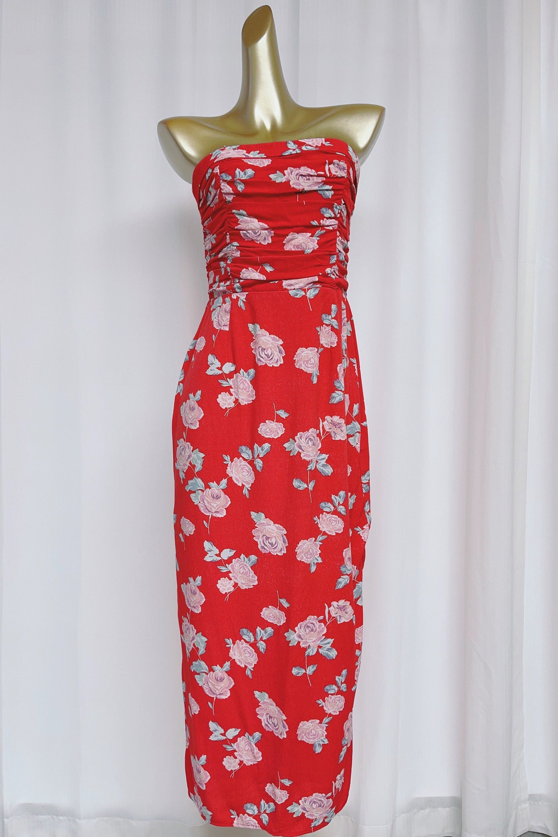 red floral pleated waist slit bandeau dress