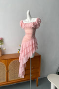 pink ruffle one shoulder mini dress