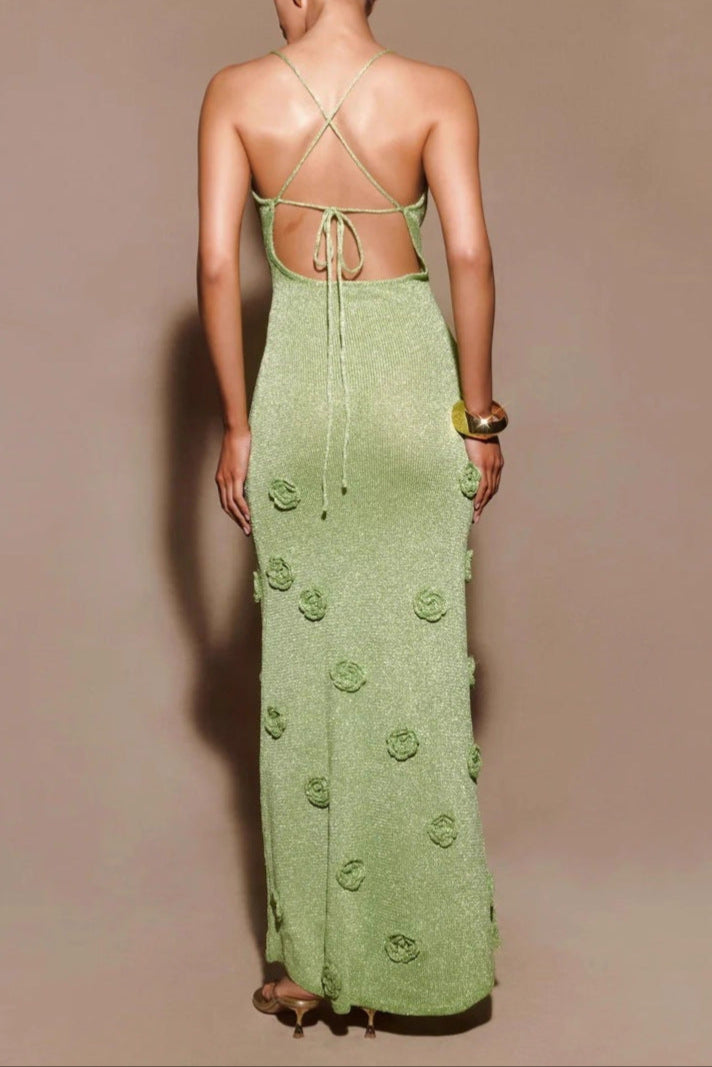 green three-dimensional flower backless dress