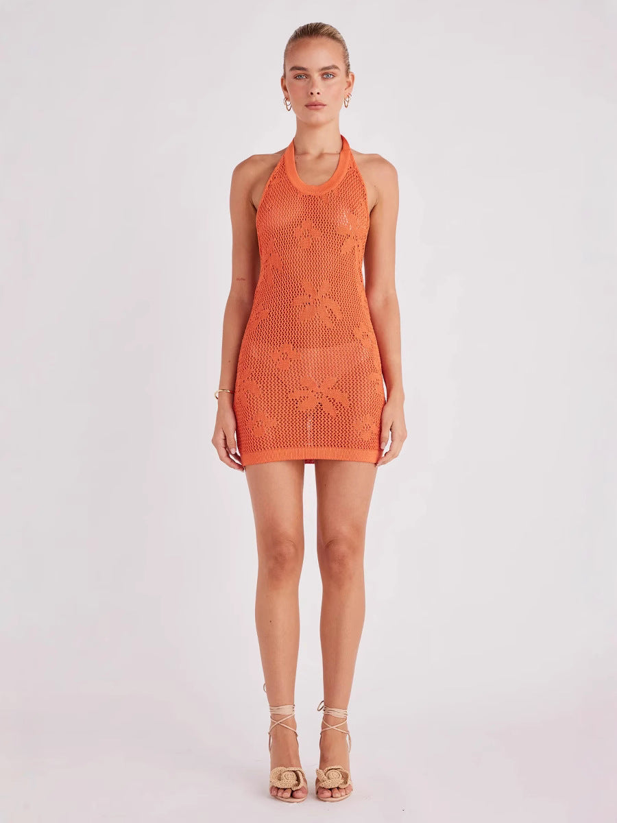 orange hollow sleeveless halterneck dress