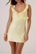 yellow Satin Ruffled V-Neck Backless Slip Dress