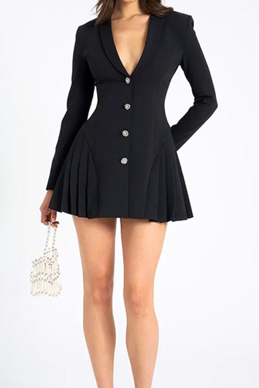 Deep V-neck single-breasted long-sleeved mini dress