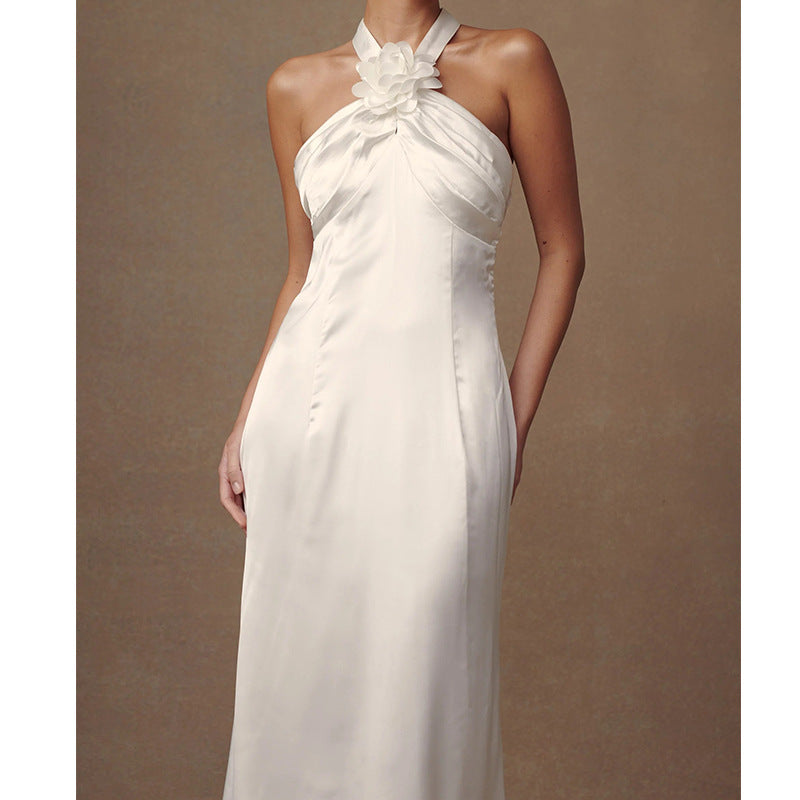freda white Backless floral satin ice silk halter dress