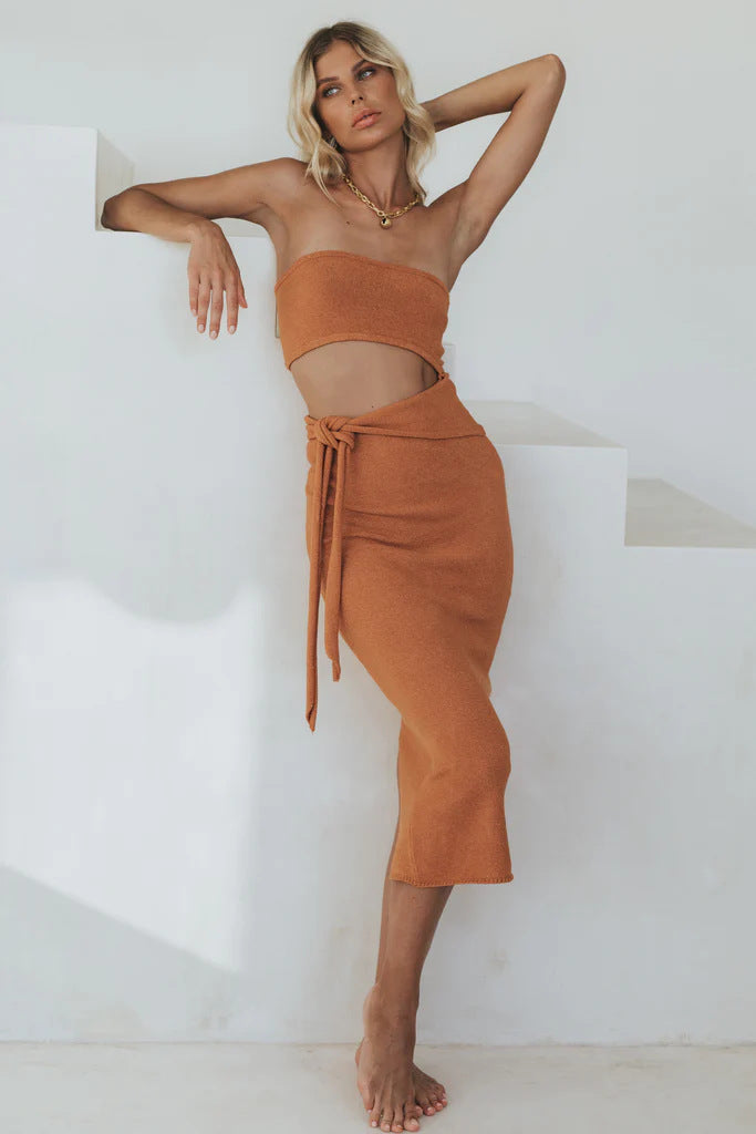 orange cut-out backless bandeau lace-up knitted dress