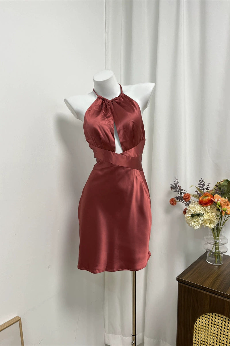 brown halterneck backless dress