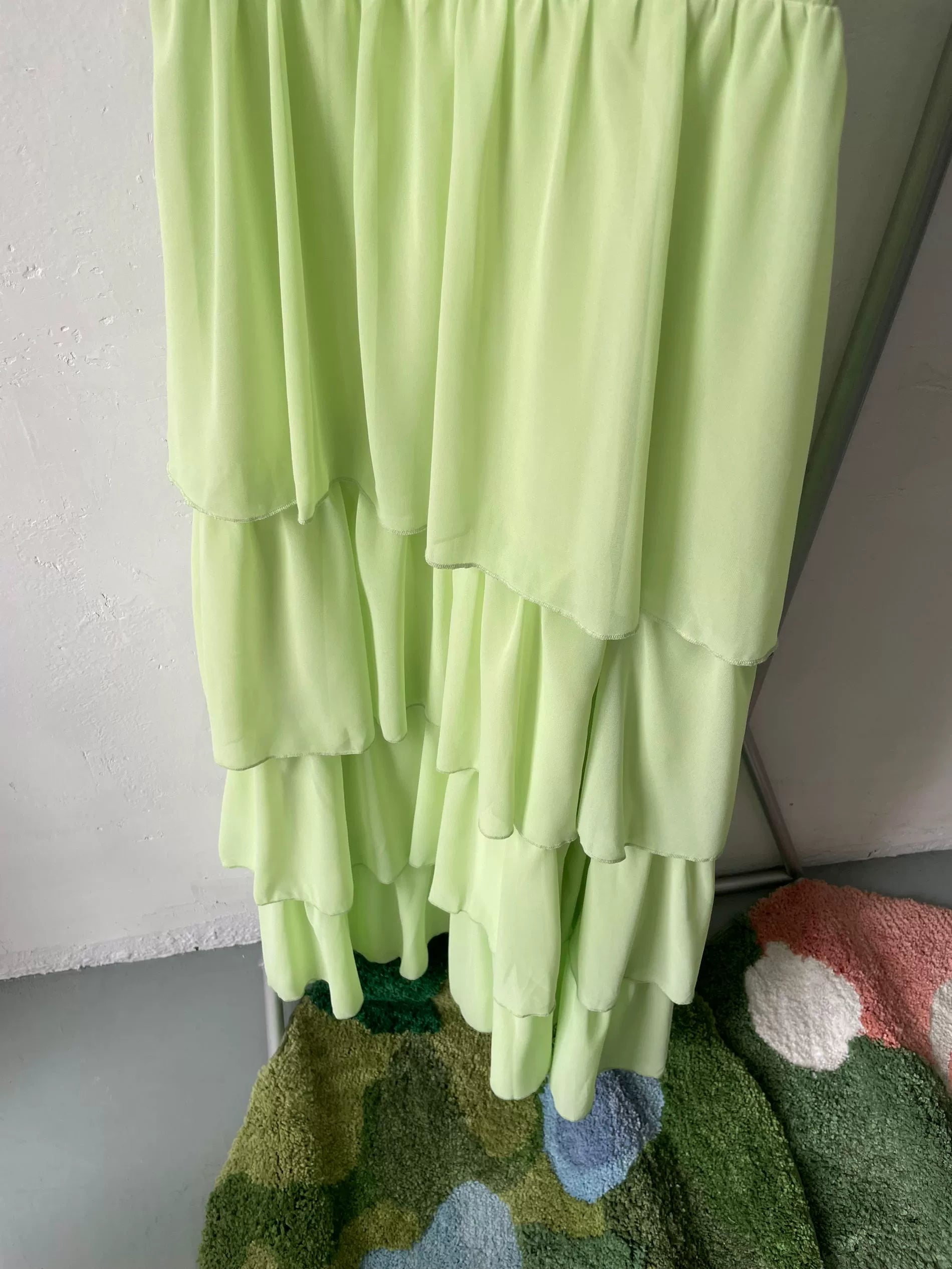green ruffle suspender midi dress