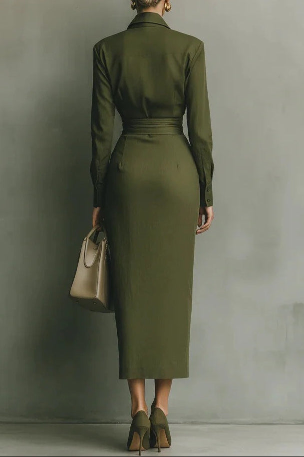 green Long Skirt Shirt Collar Long Sleeve Pocket maxi Dress