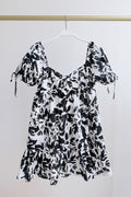black and white ink painting floral puff sleeve  dress