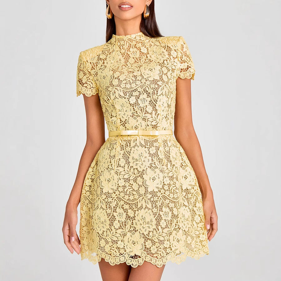 Yellow round neck lace trim mini dress