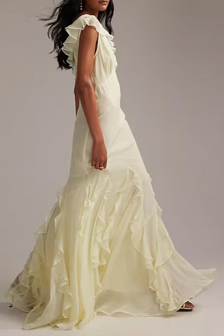 light yellow splicing ruffled maxi dress