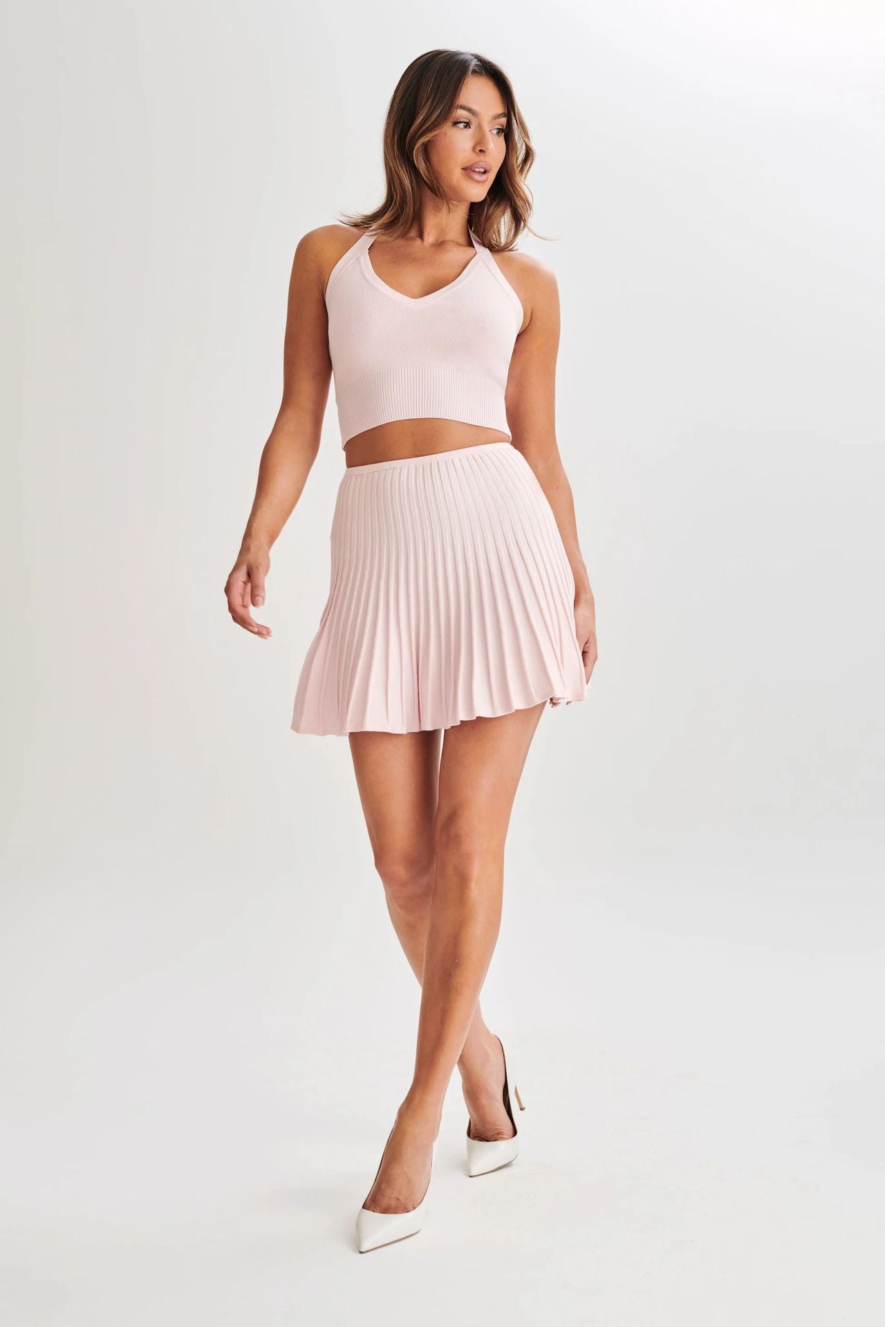 pink Halter-neck backless vest and pleated skirt two-piece set