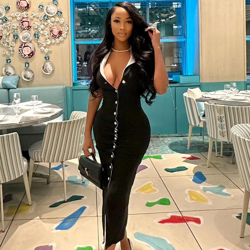 A Color-Blocking Slimming Button Dress