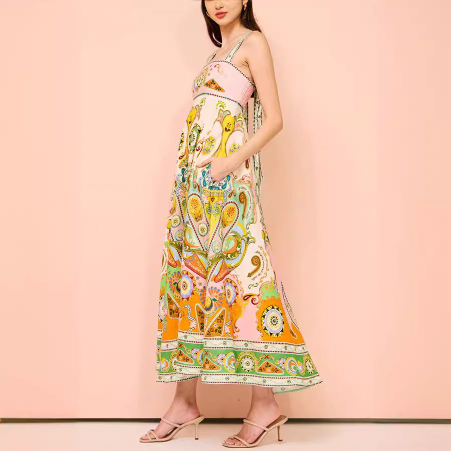 Spaghetti strap graffiti print sleeveless bow flared cotton linen dress