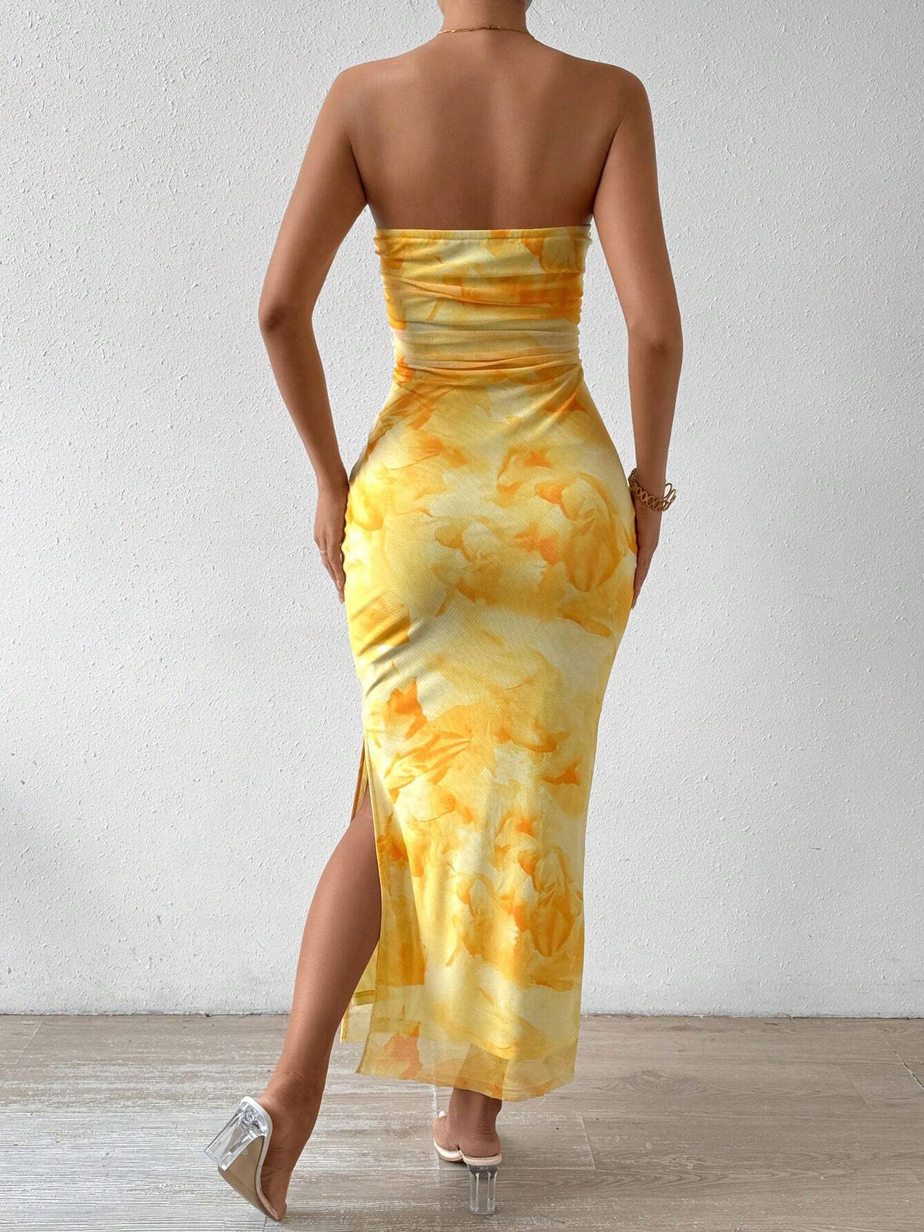 yellow Mesh Print High-Waisted Slit Strapless Bodycon maxi dress