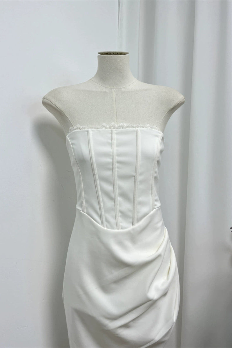 white lace irregular hem bandeau mini dress