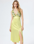 green floral V-neck lace-up backless satin panel side slit dress