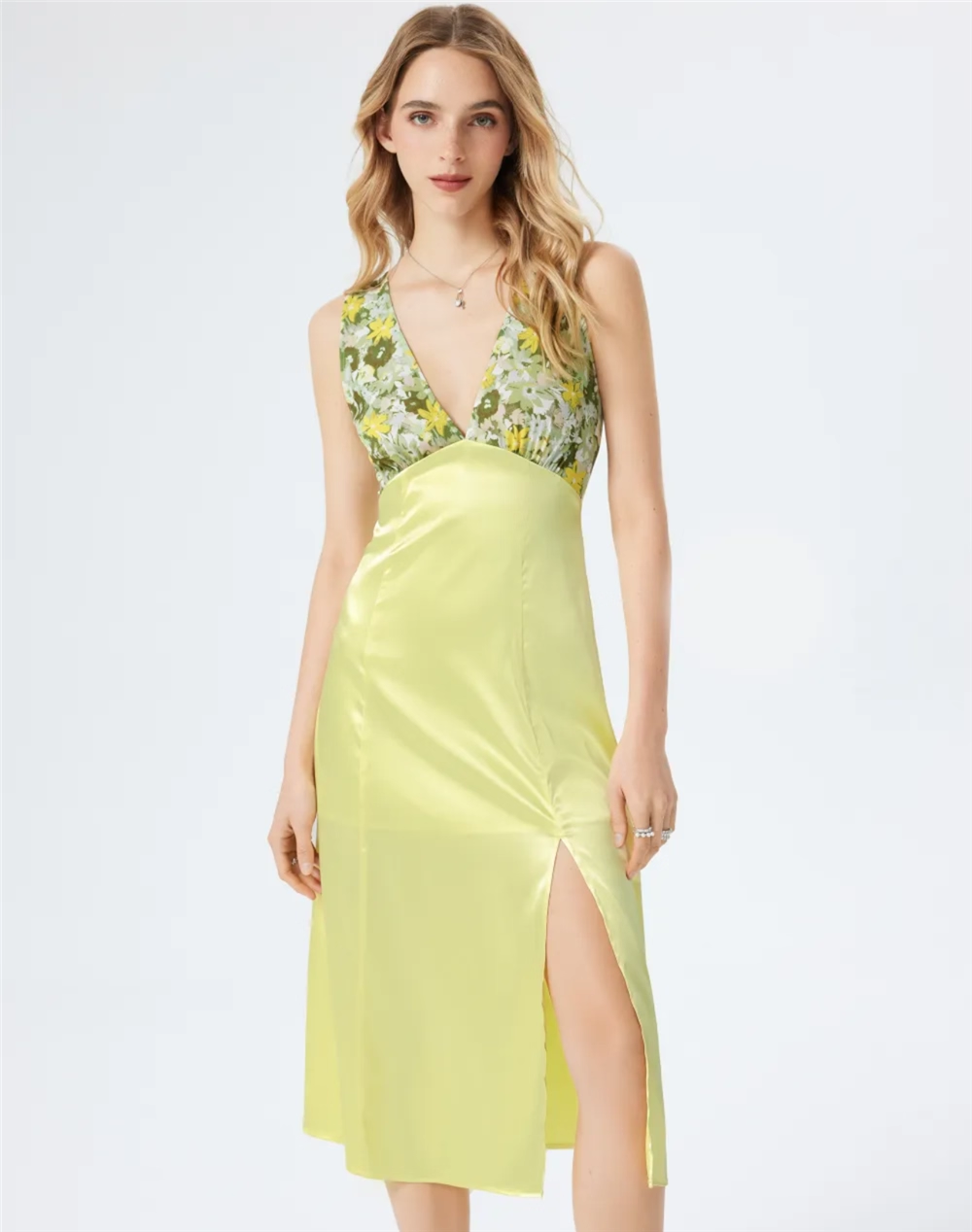 green floral V-neck lace-up backless satin panel side slit dress