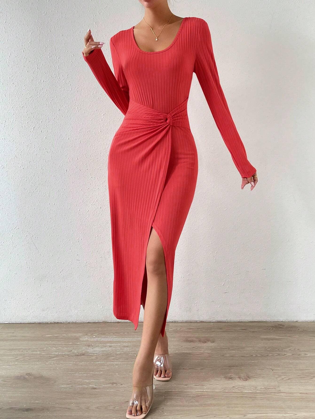 lena red Slit bodycon maxi dress