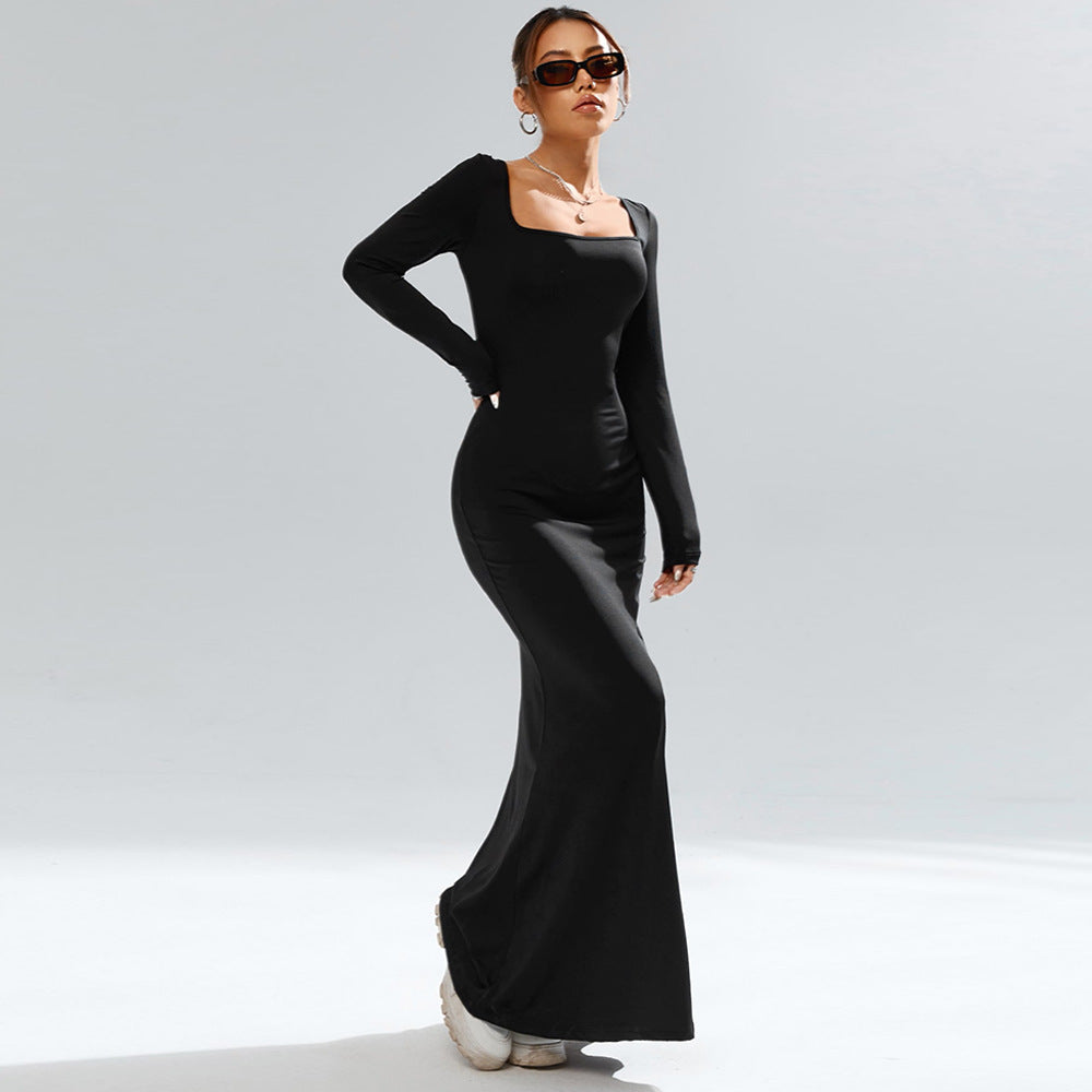 black Square neck knit long-sleeved bodycon maxi dress