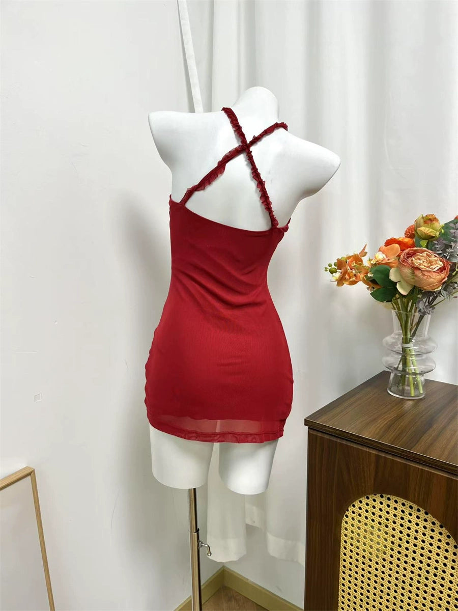 burgundy cut-out suspender mini dress