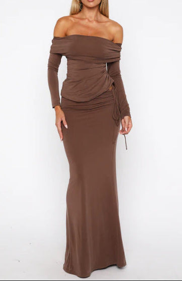 brown Off-the-shoulder drawstring long-sleeved bodycon dress