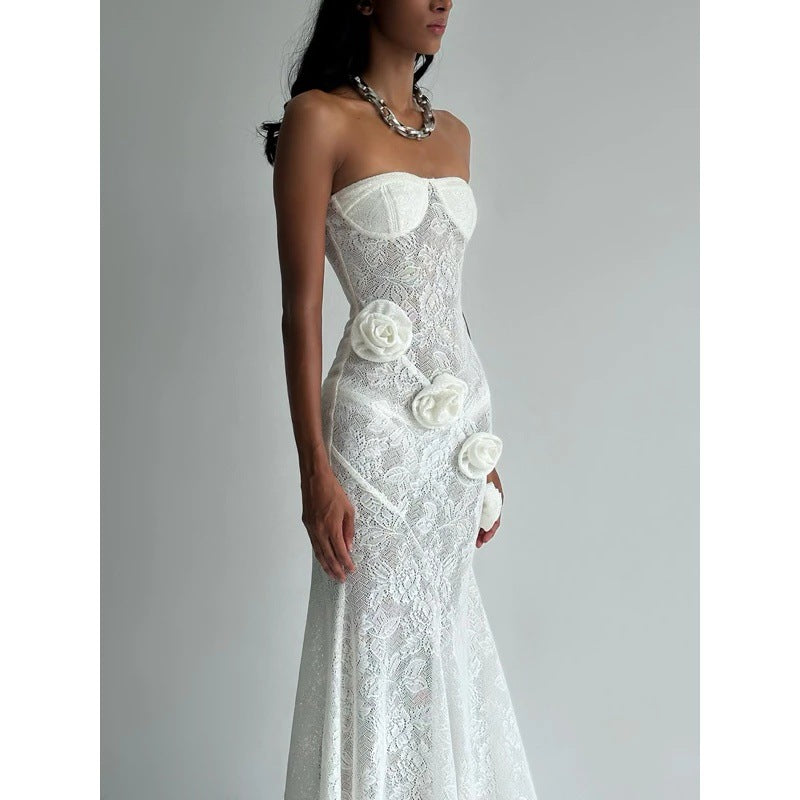 Sheer lace strapless dress with three-dimensional floral fishtail skirt - white