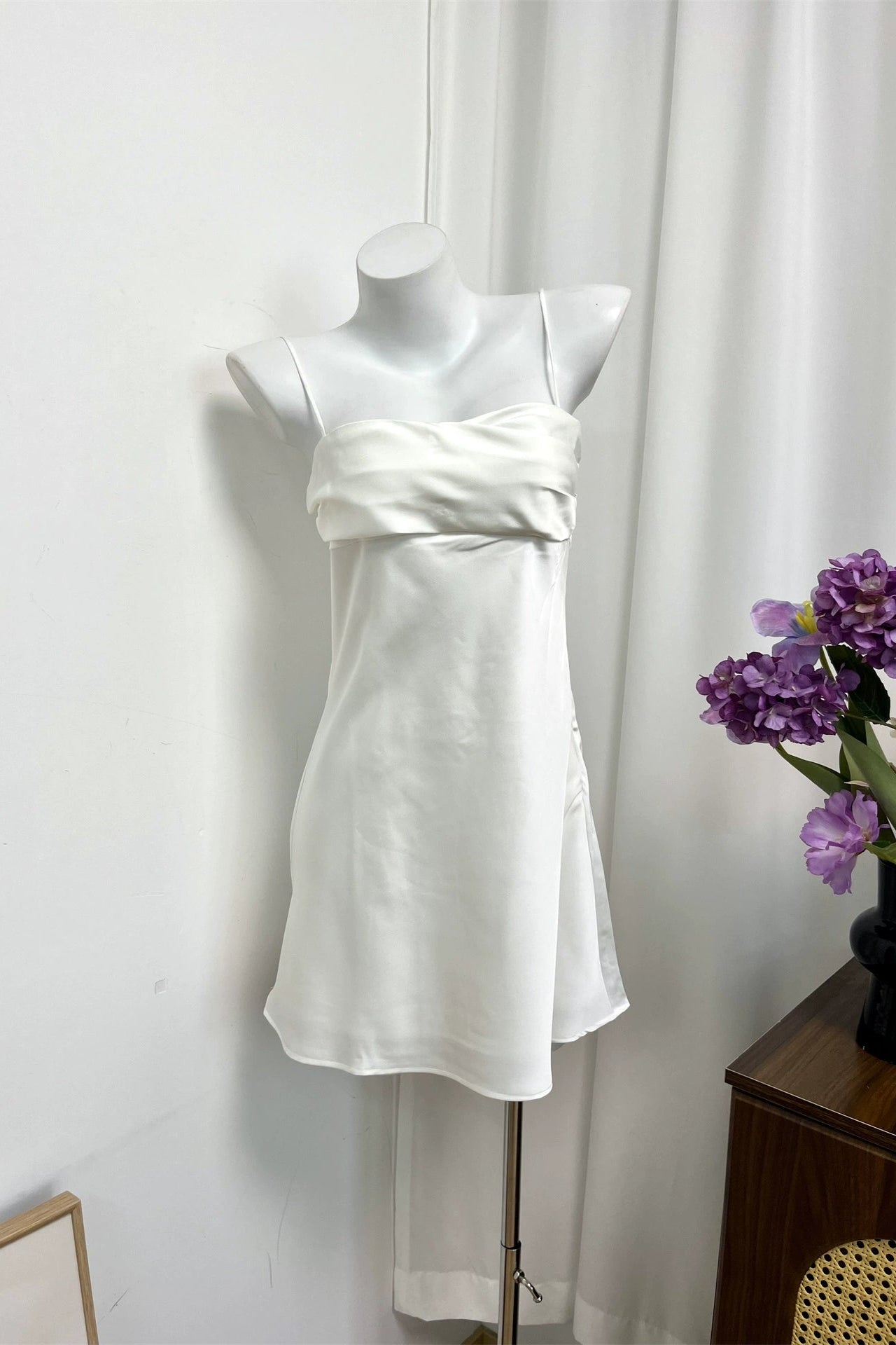 white chest pleated camisole mini dress