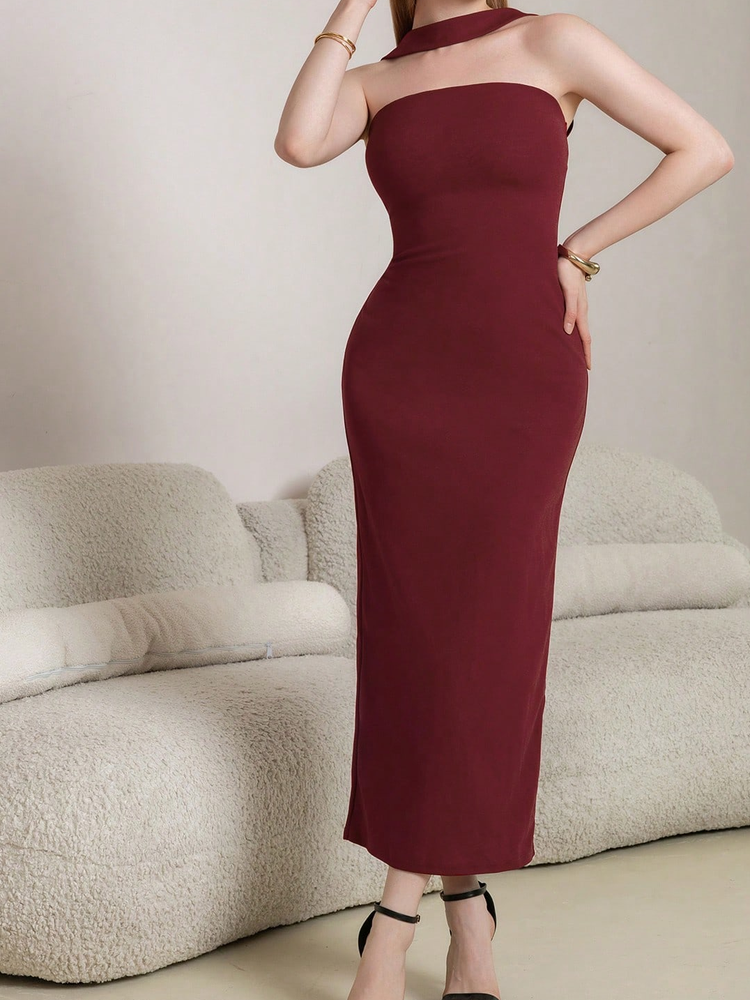 red halterneck suspender red bandeau midi dress