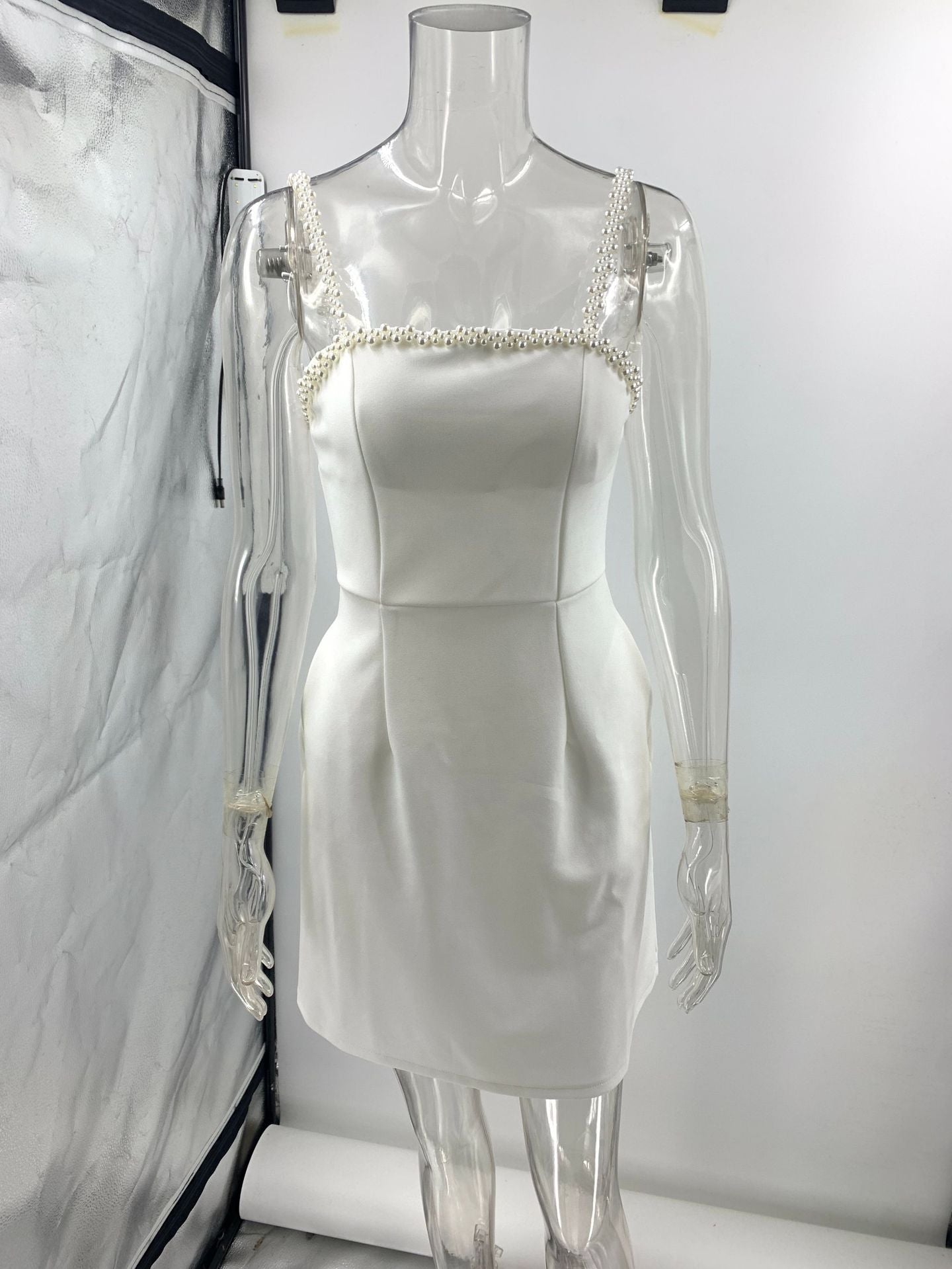 White Beaded Mini Dress - Embellished Suspender Party Dress