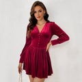 V-neck long-sleeved velvet fitted mini dress