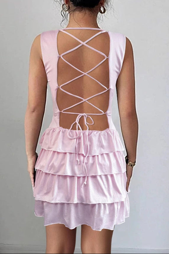 pink Sleeveless round neck tie-up mini dress
