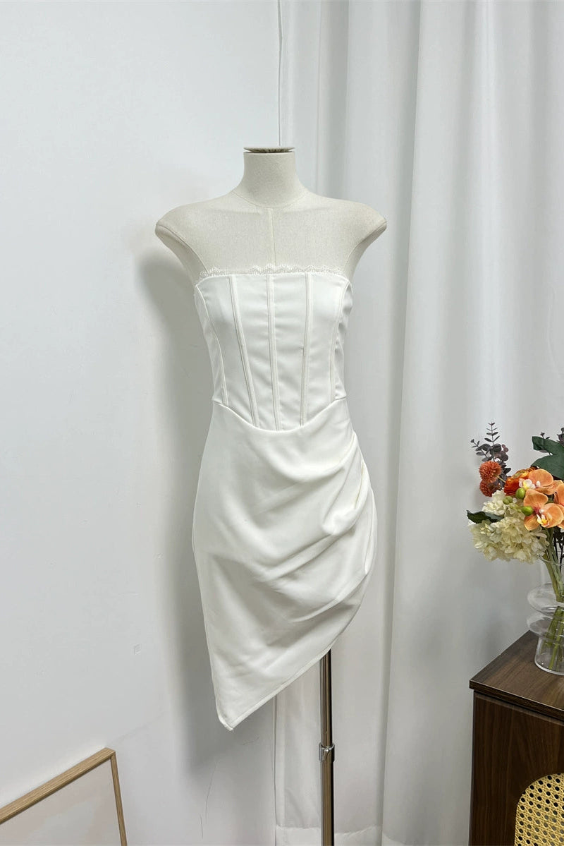 white lace irregular hem bandeau mini dress