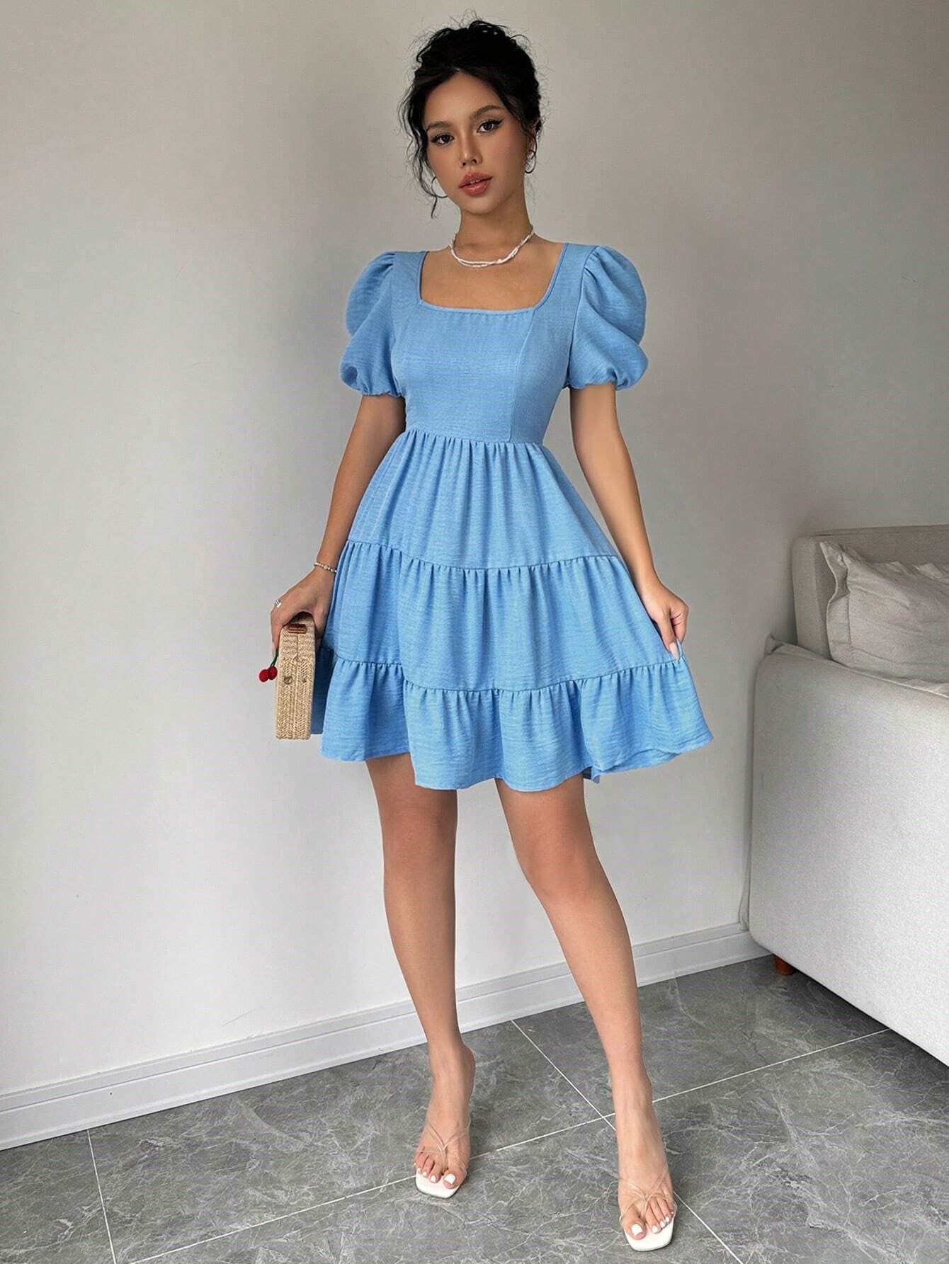 blue Square neck backless A-line mini dress