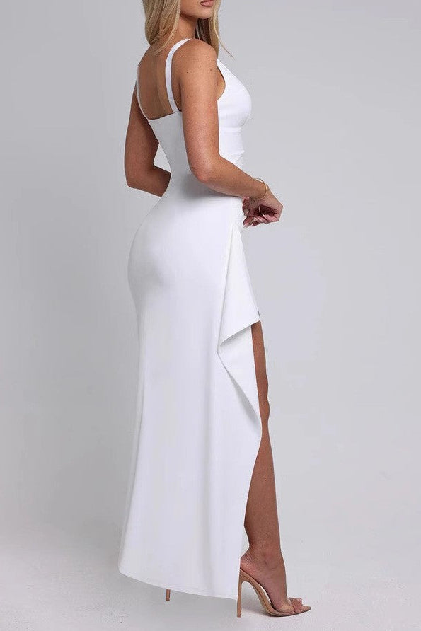 white High-slit deep V-neck slip dress
