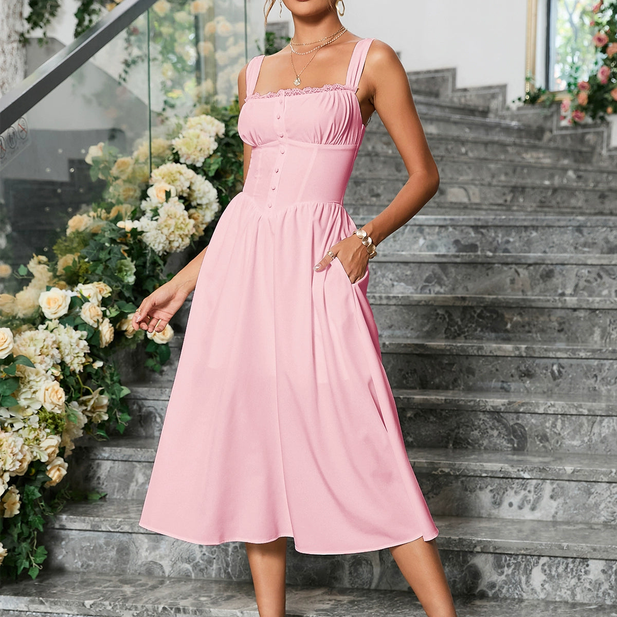 pink suspenders midi dress