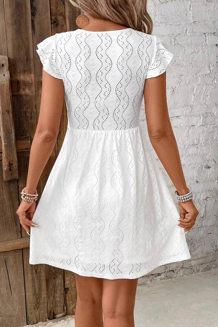 White knit jacquard openwork stretch mini dress