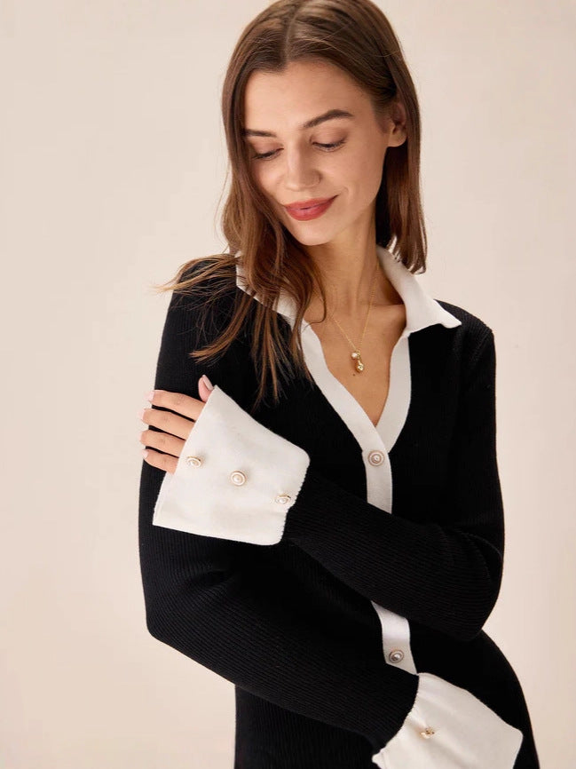 Black and white long-sleeved knitted ruffled mini dress