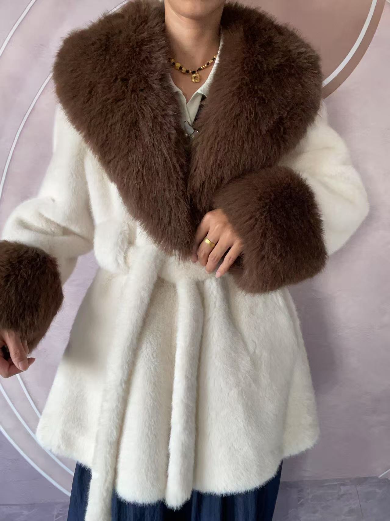 Big Fur Collar Long Mink Faux Fox Coat